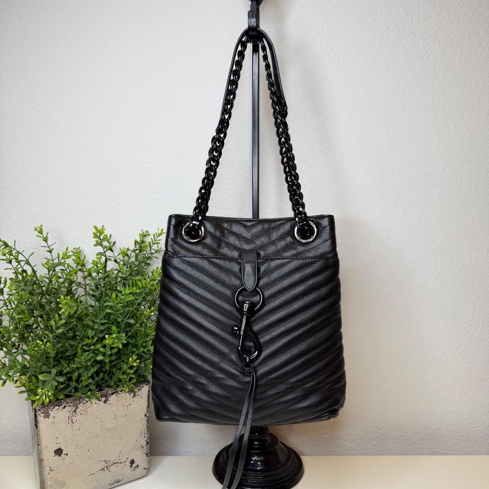 Rebecca Minkoff Edie Tote Womens Black Quilted Leather Chevron Shoulder Bag OS